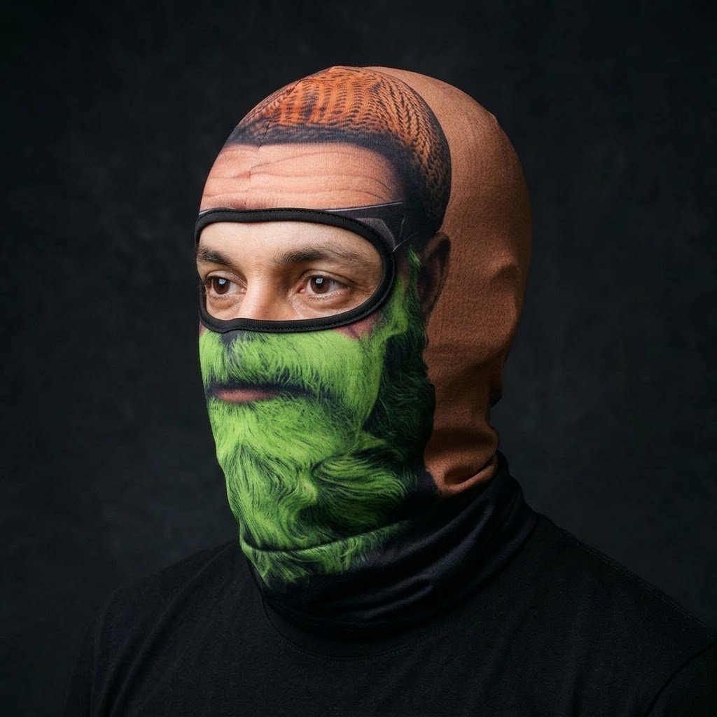 Green Lumberjack BG-02 3D printed balaclava worn by a model – side view