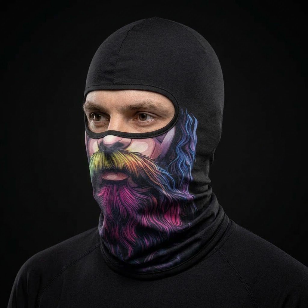 Purple Wizard BG-04 3D printed balaclava worn by a model – side view