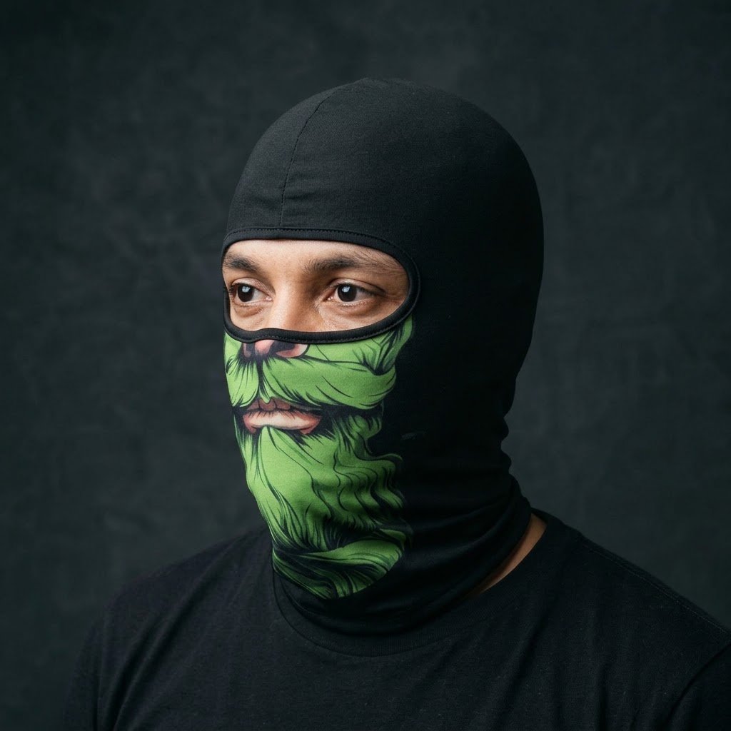 Toxic Green BG-06 3D printed balaclava worn by a model – side view