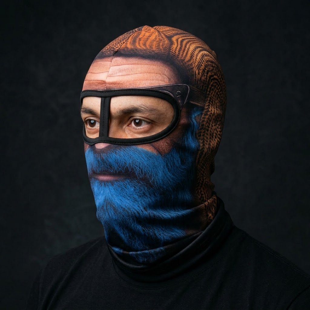 Blue Captain BG-08 3D printed balaclava worn by a model – side view