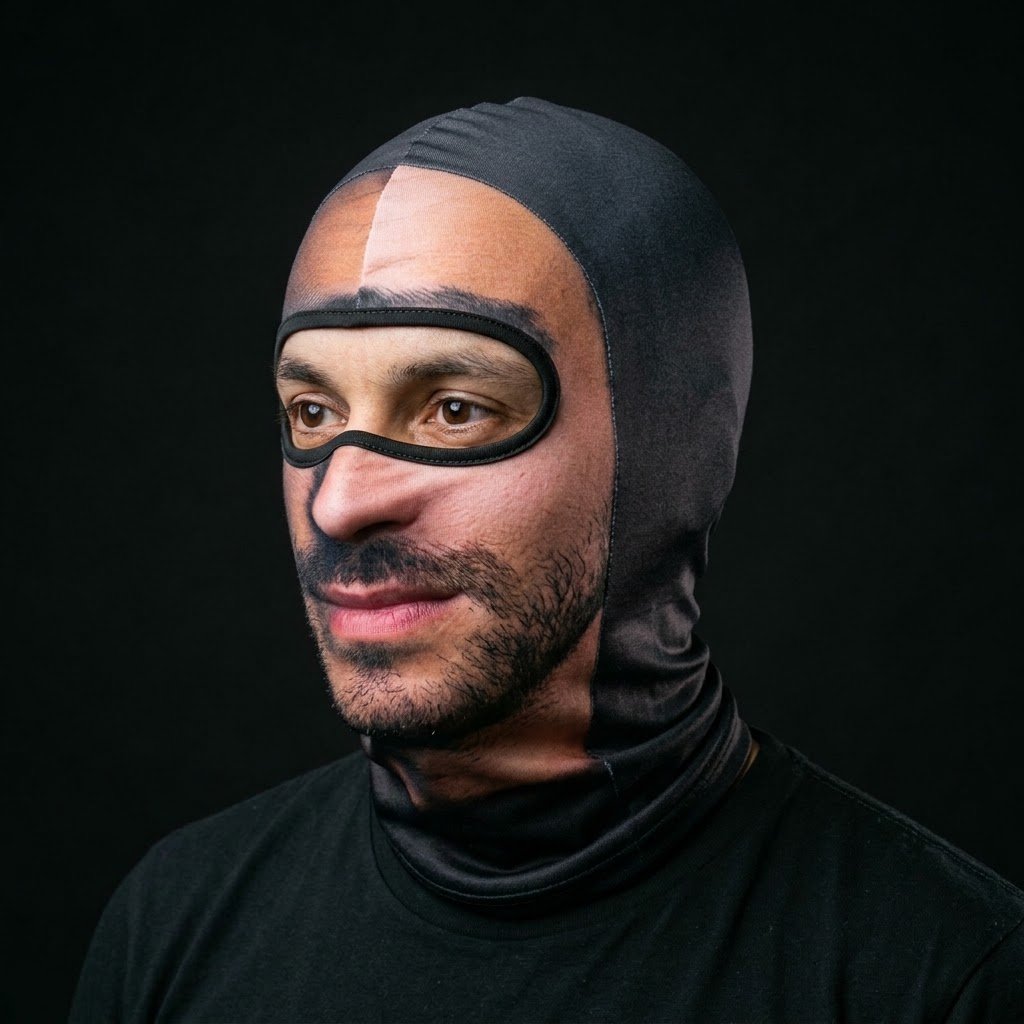 Smiling Stranger BG-11 3D printed balaclava worn by a model – side view
