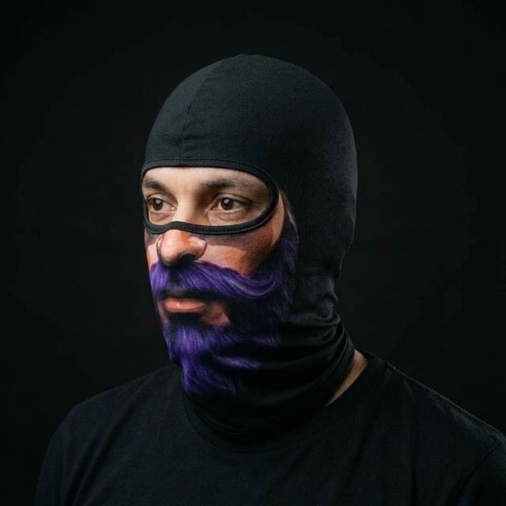 Purple Haze BG-13 3D printed balaclava worn by a model – side view