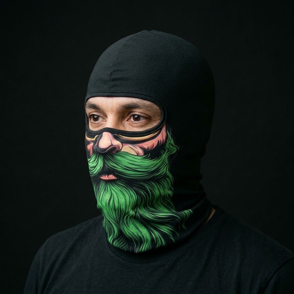 Emerald Beard BG-17 3D printed balaclava worn by a model – side view