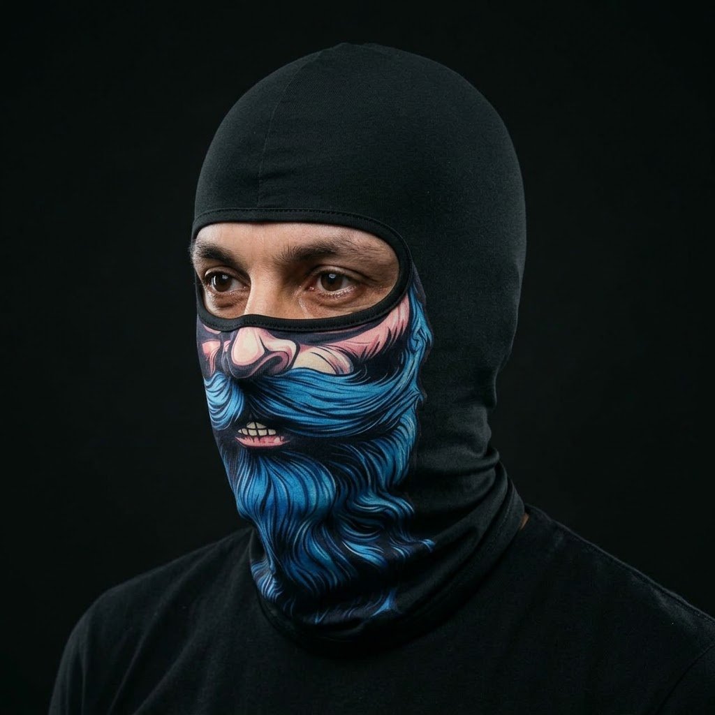 Ice Blue Beard BG-18 3D printed balaclava worn by a model – side view