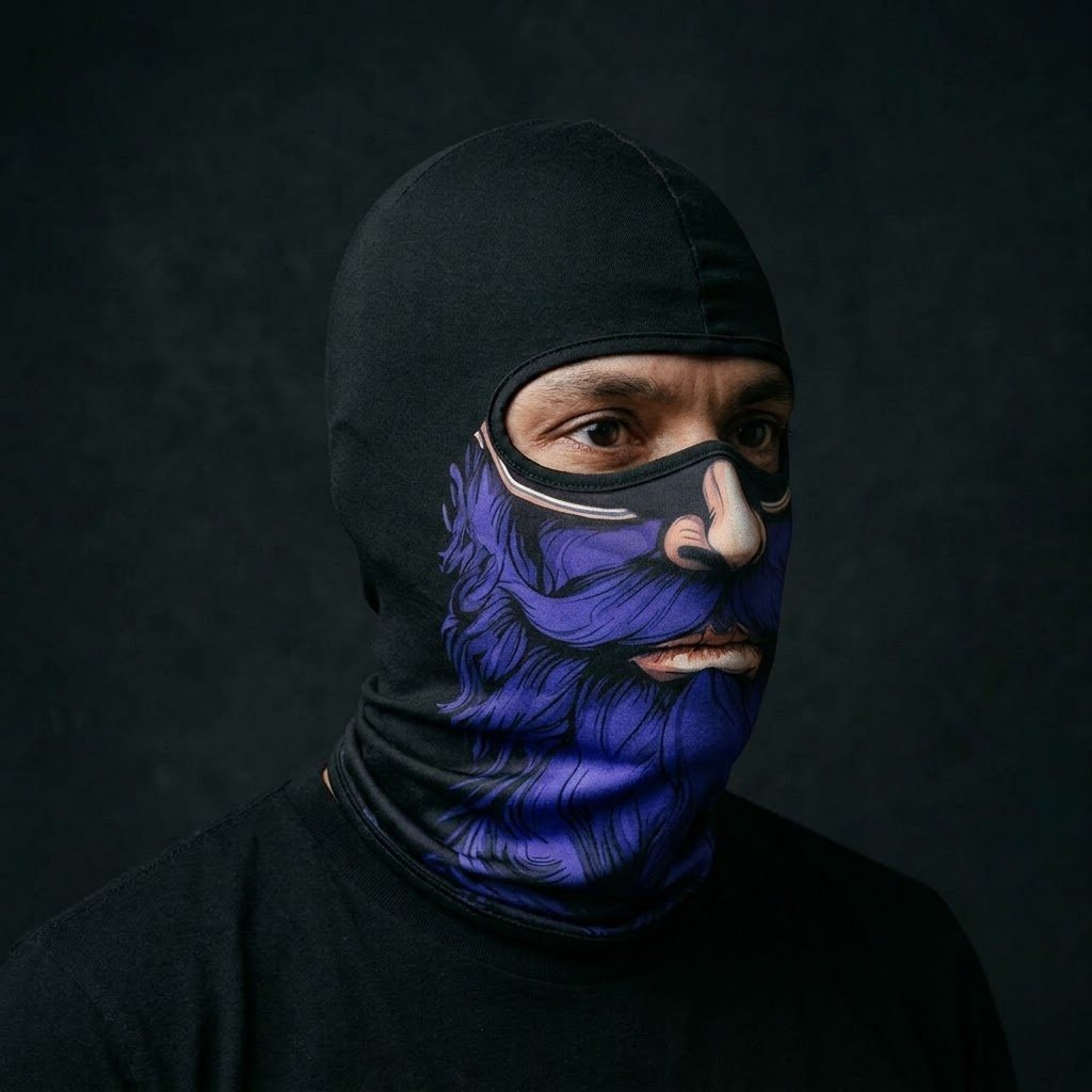 Royal Blue BG-24 3D printed balaclava worn by a model – side view