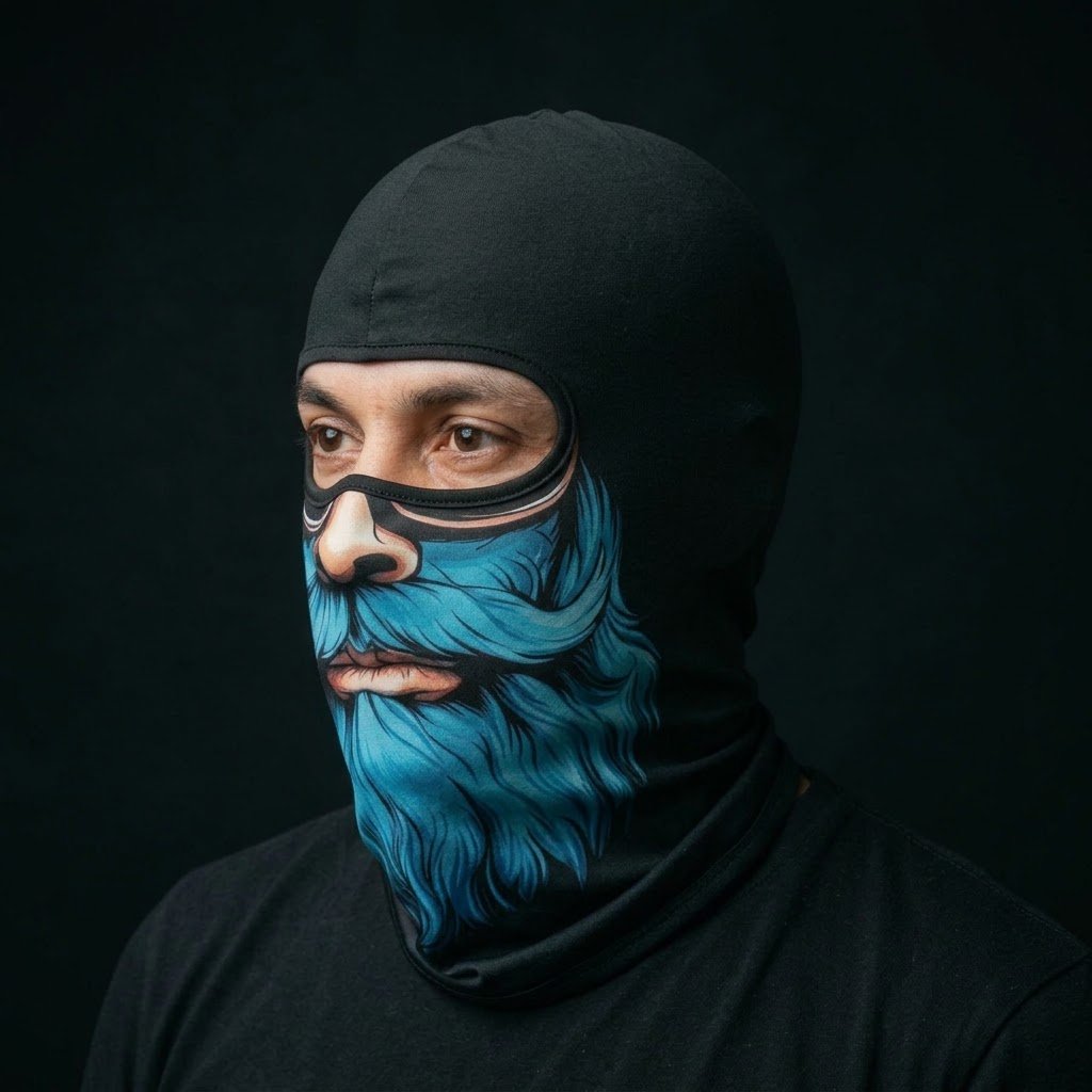 Turquoise Wave BG-25 3D printed balaclava worn by a model – side view