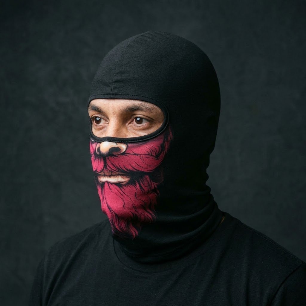 Crimson Beard BG-27 3D printed balaclava worn by a model – side view