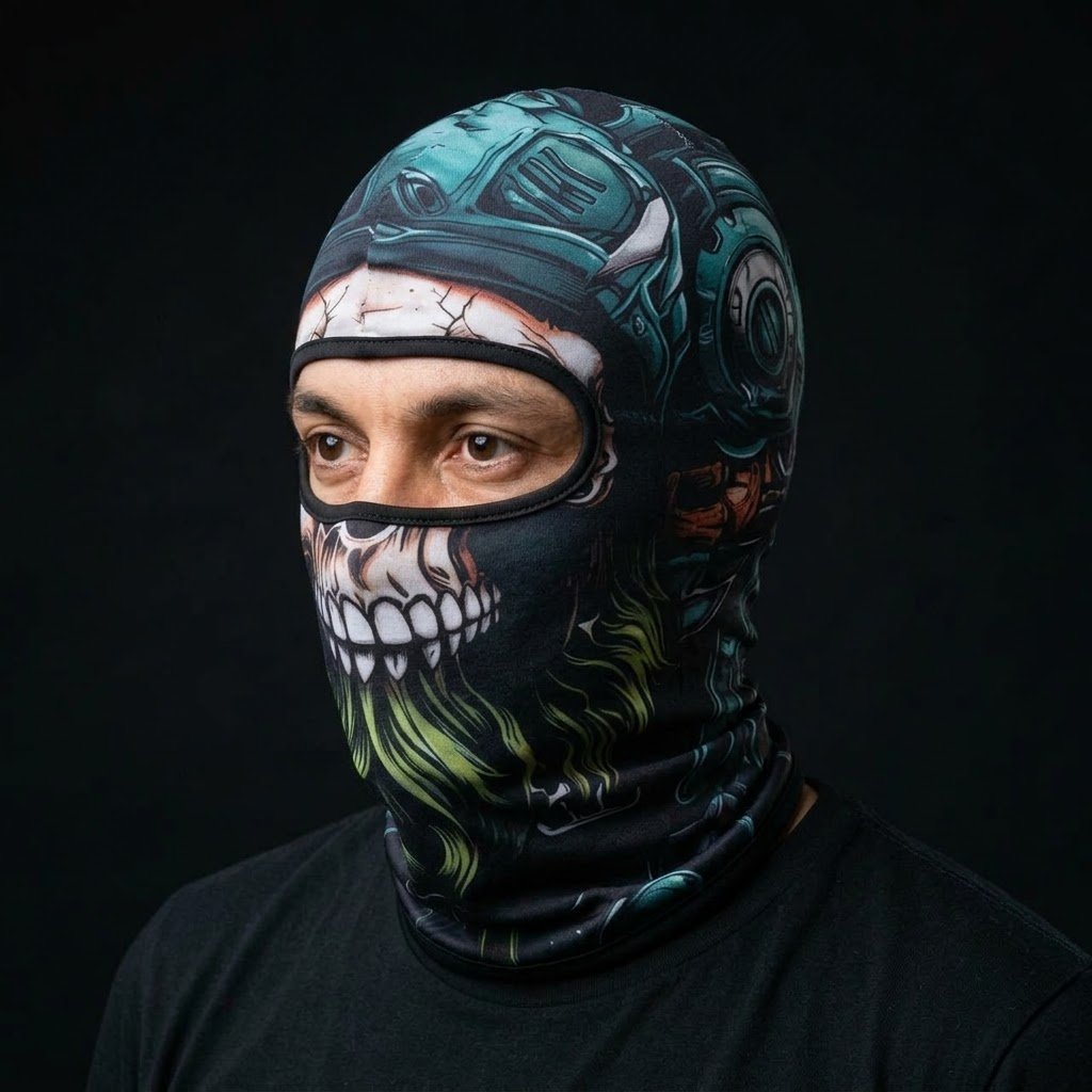 Blue Cap Skull SB-01 3D printed balaclava worn by a model – side view