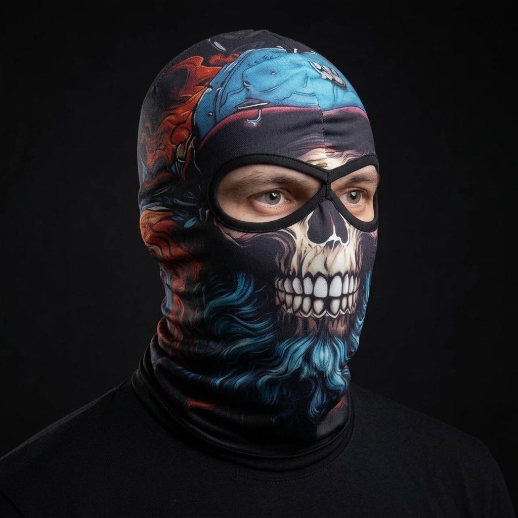 Cobalt Skull SB-02 3D printed balaclava worn by a model – side view