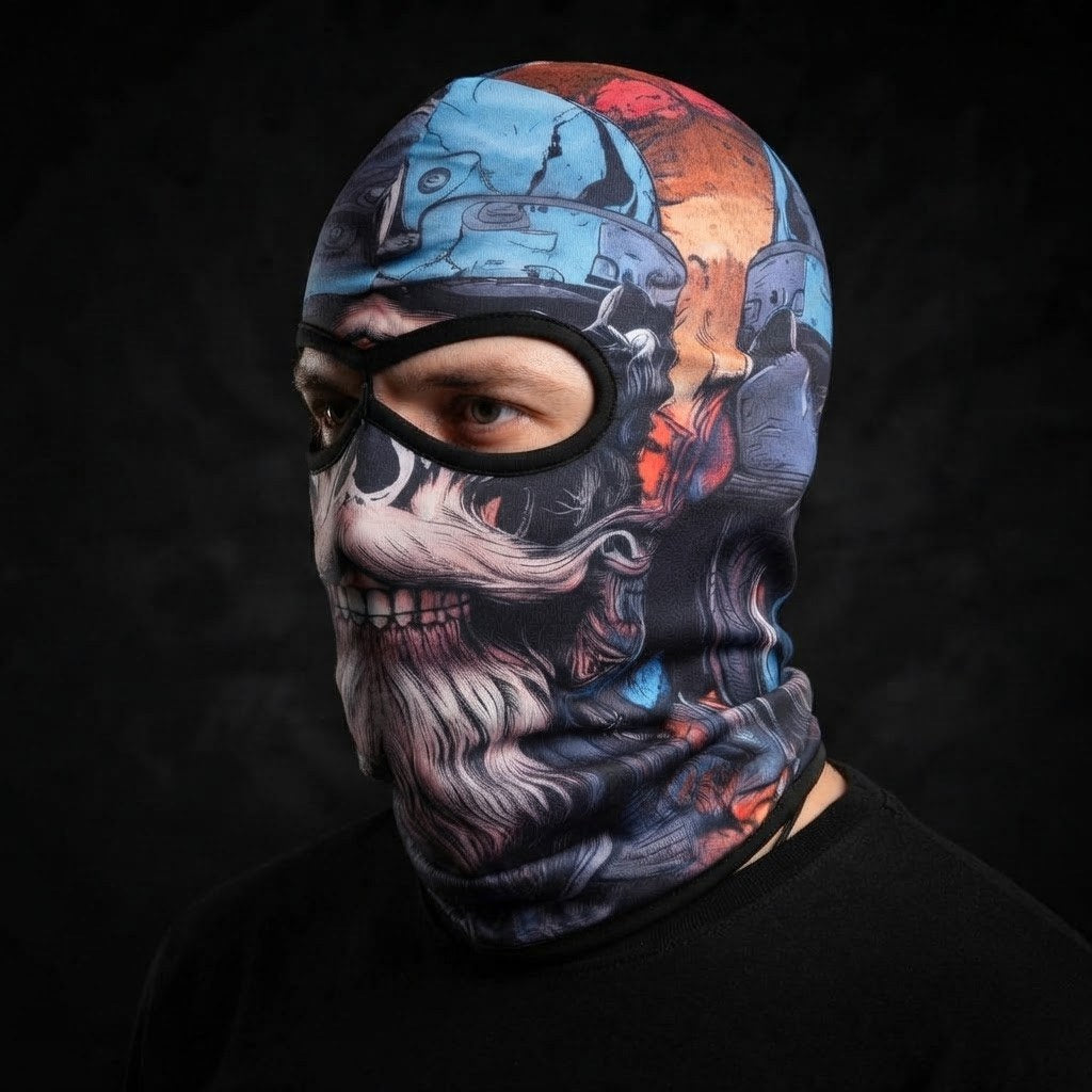 Silver Beard Skull SB-03 3D printed balaclava worn by a model – side view