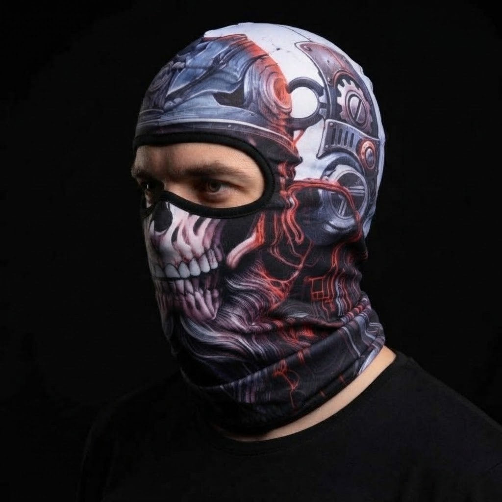 Violet Skull SB-06 3D printed balaclava worn by a model – side view