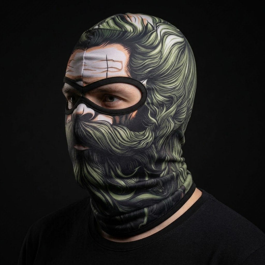 Green Beard Rider SB-07 3D printed balaclava worn by a model – side view
