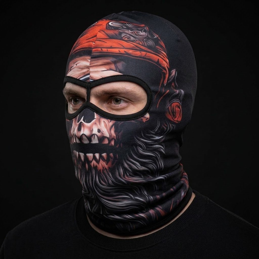 Red Cap Skull SB-08 3D printed balaclava worn by a model – side view
