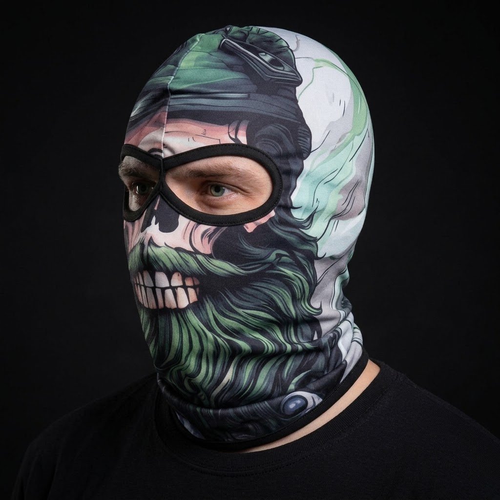 Toxic Skull SB-09 3D printed balaclava worn by a model – side view