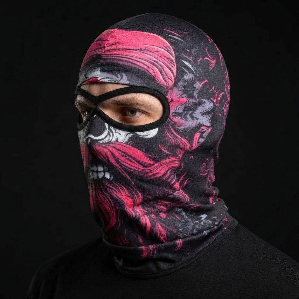 Pink Bandana Skull SB-15 3D printed balaclava worn by a model – side view