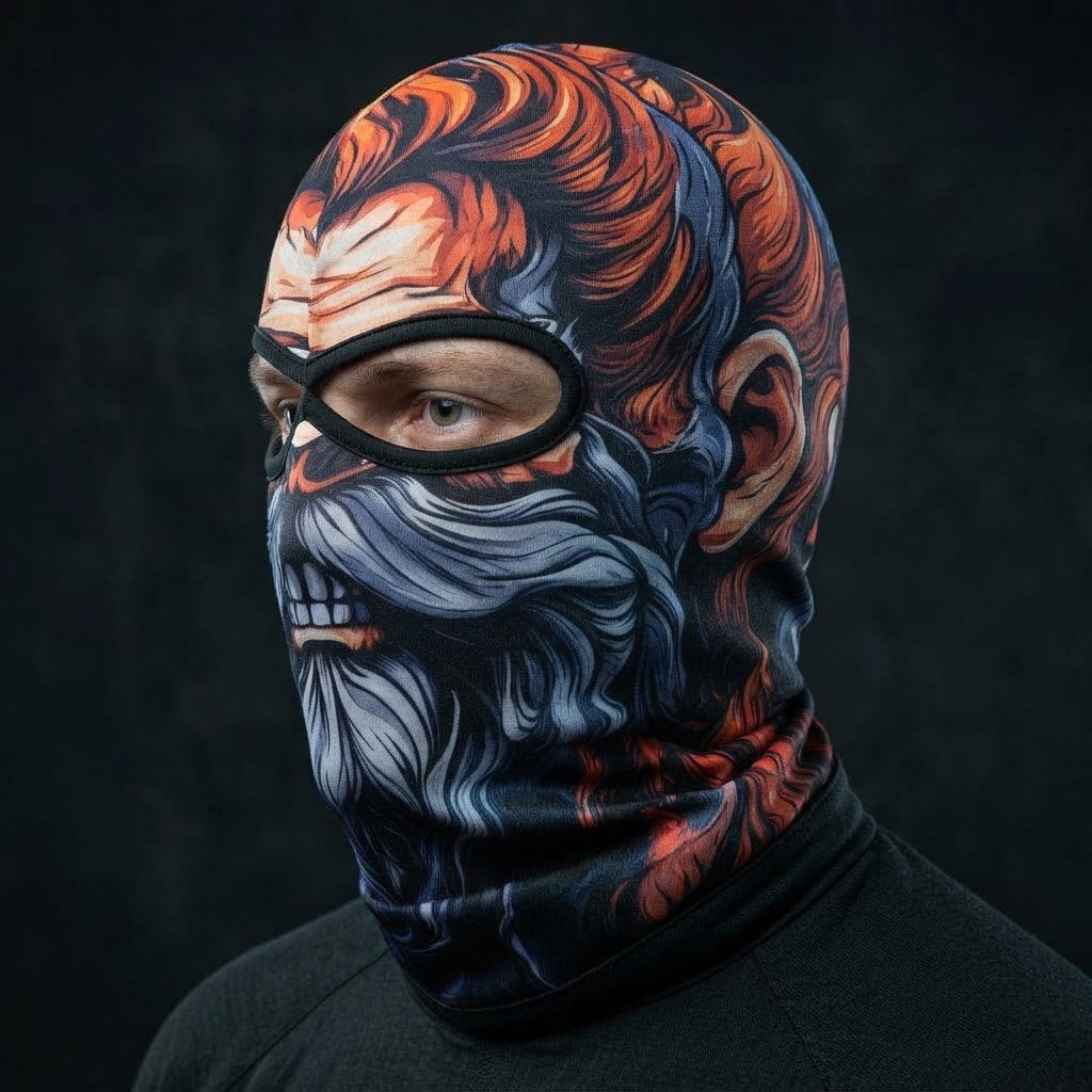 Redhead Skull SB-16 3D printed balaclava worn by a model – side view