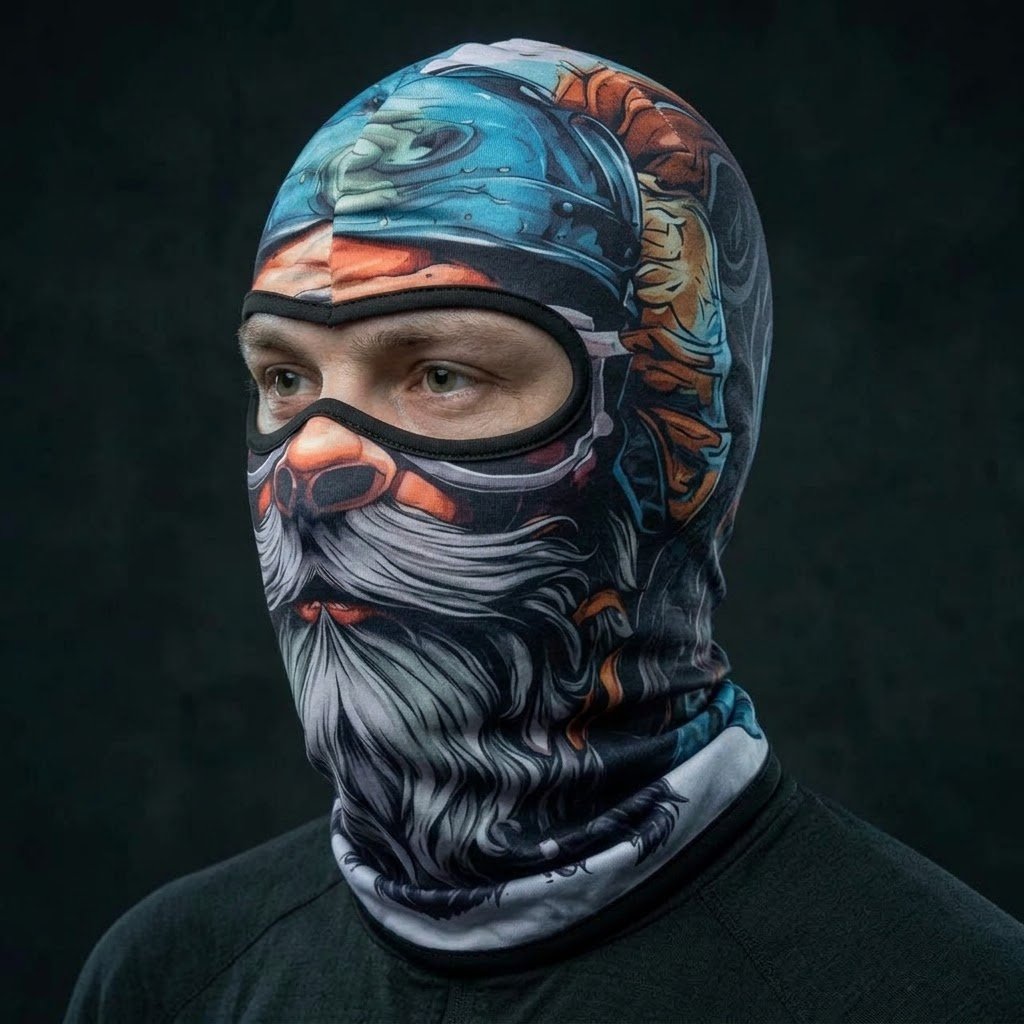 Old Pirate Skull SB-17 3D printed balaclava worn by a model – side view