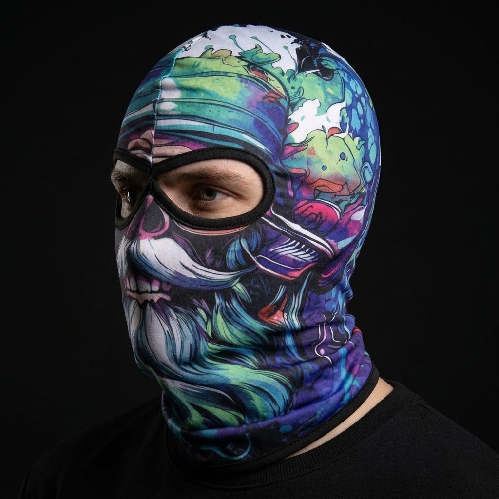 Rainbow Skull SB-18 3D printed balaclava worn by a model – side view
