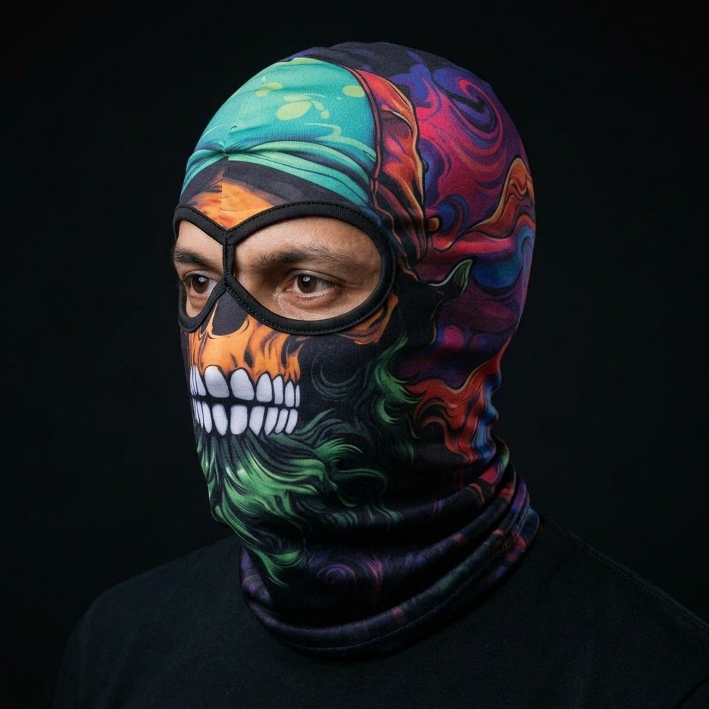 Neon Skull SB-21 3D printed balaclava worn by a model – side view
