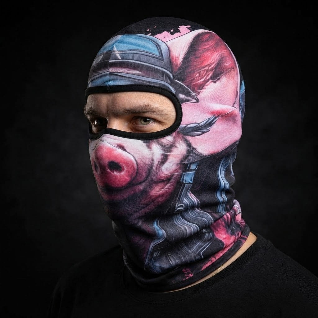 Pink Pig WC-08 3D printed balaclava worn by a model – side view