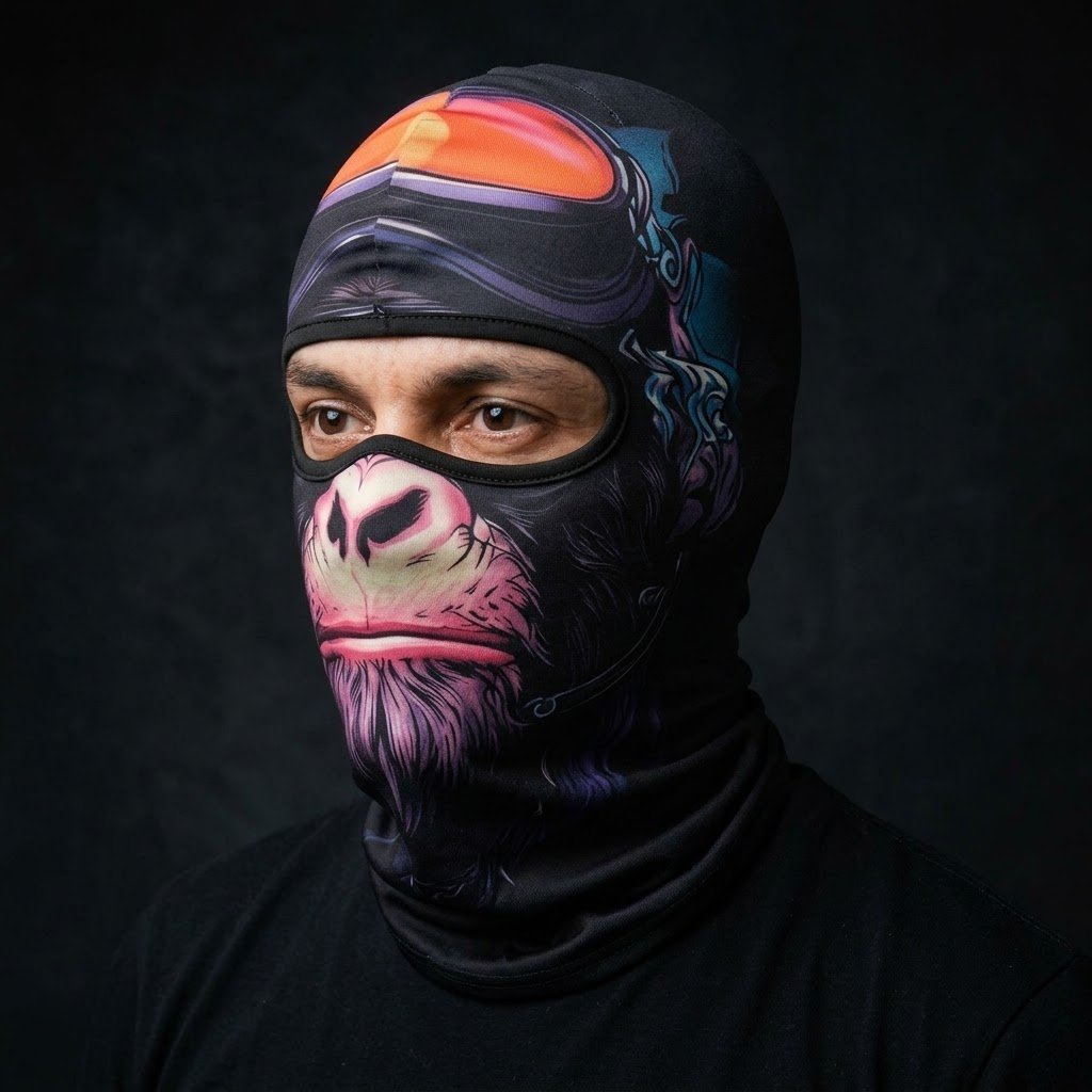 Pink Monkey WC-09 3D printed balaclava worn by a model – side view