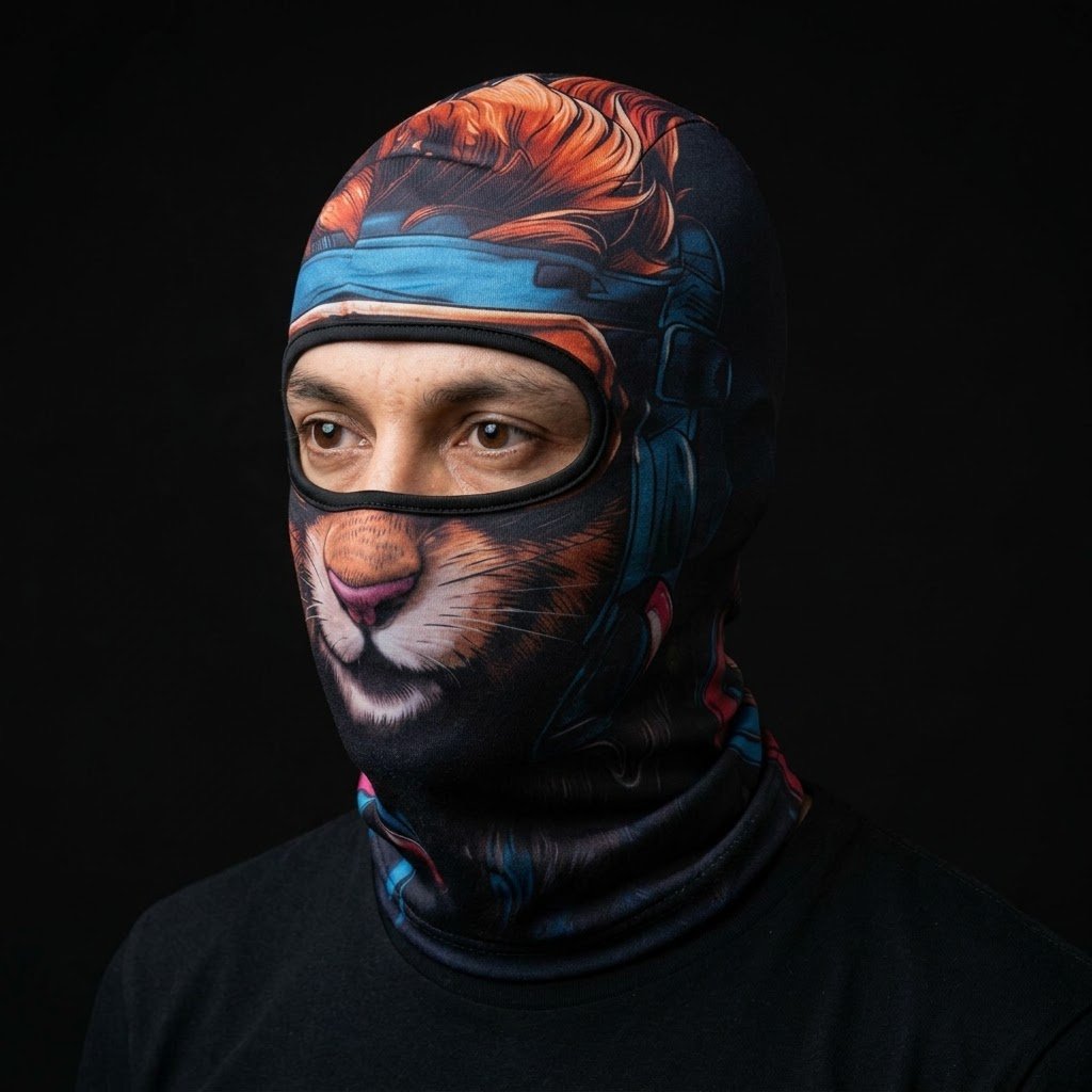 Tiger Cat WC-10 3D printed balaclava worn by a model – side view