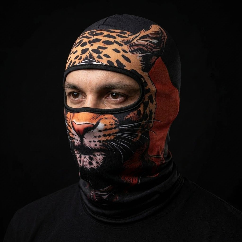 Leopard WC-12 3D printed balaclava worn by a model – side view