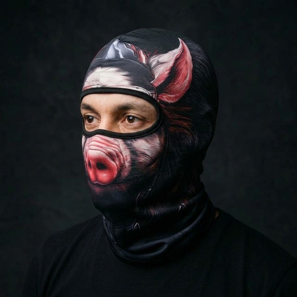 Farm Pig WC-14 3D printed balaclava worn by a model – side view