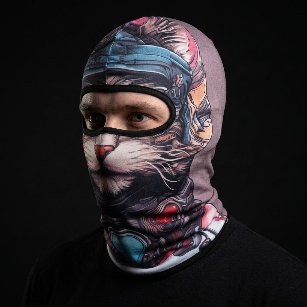 Grey Cat WC-20 3D printed balaclava worn by a model – side view