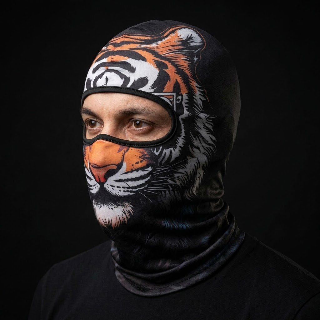 Saber Tiger WC-24 3D printed balaclava worn by a model – side view
