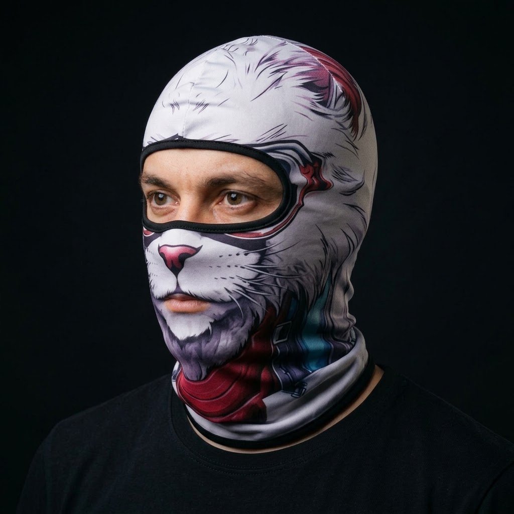 Snow Cat WC-25 3D printed balaclava worn by a model – side view