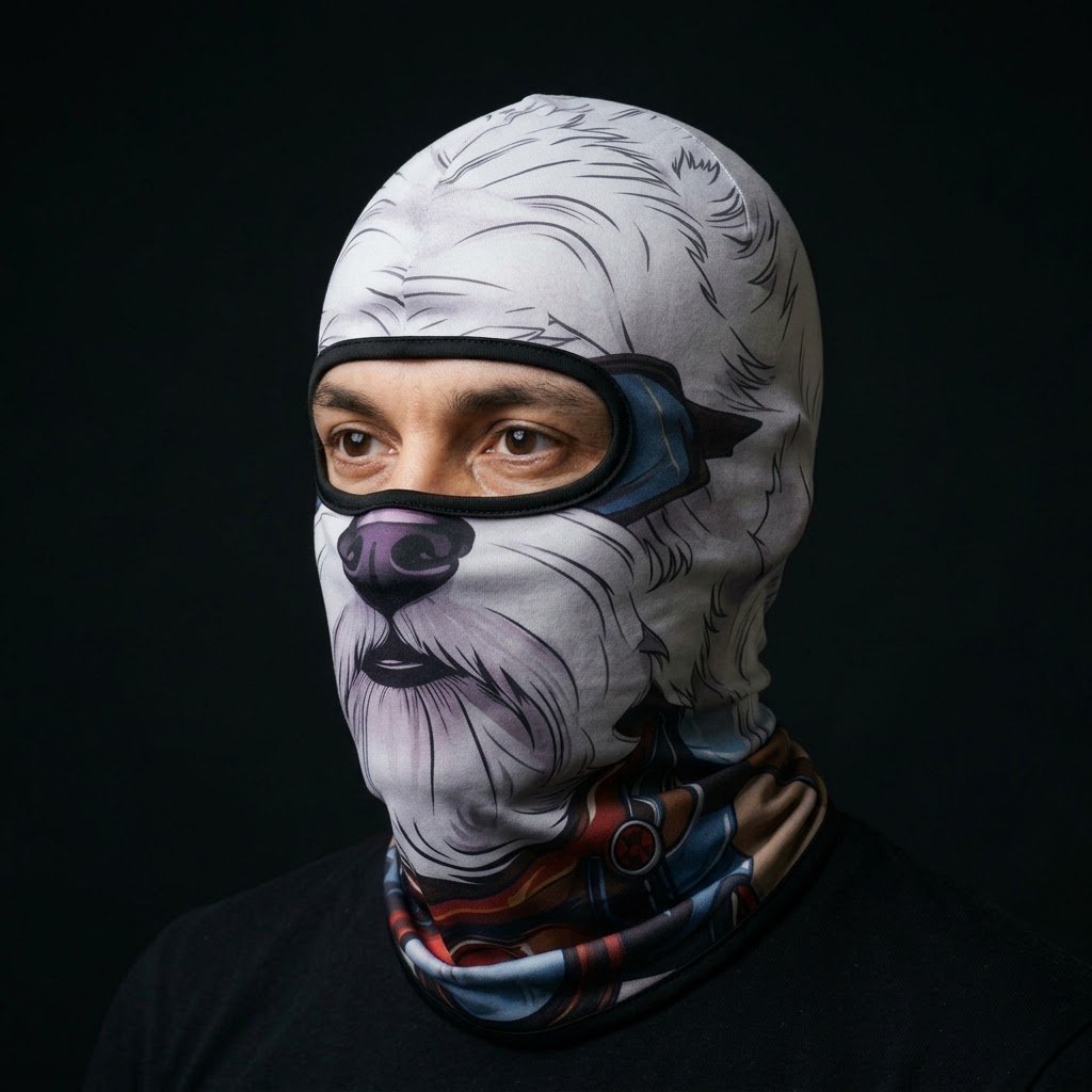 Polar Bear WC-26 3D printed balaclava worn by a model – side view