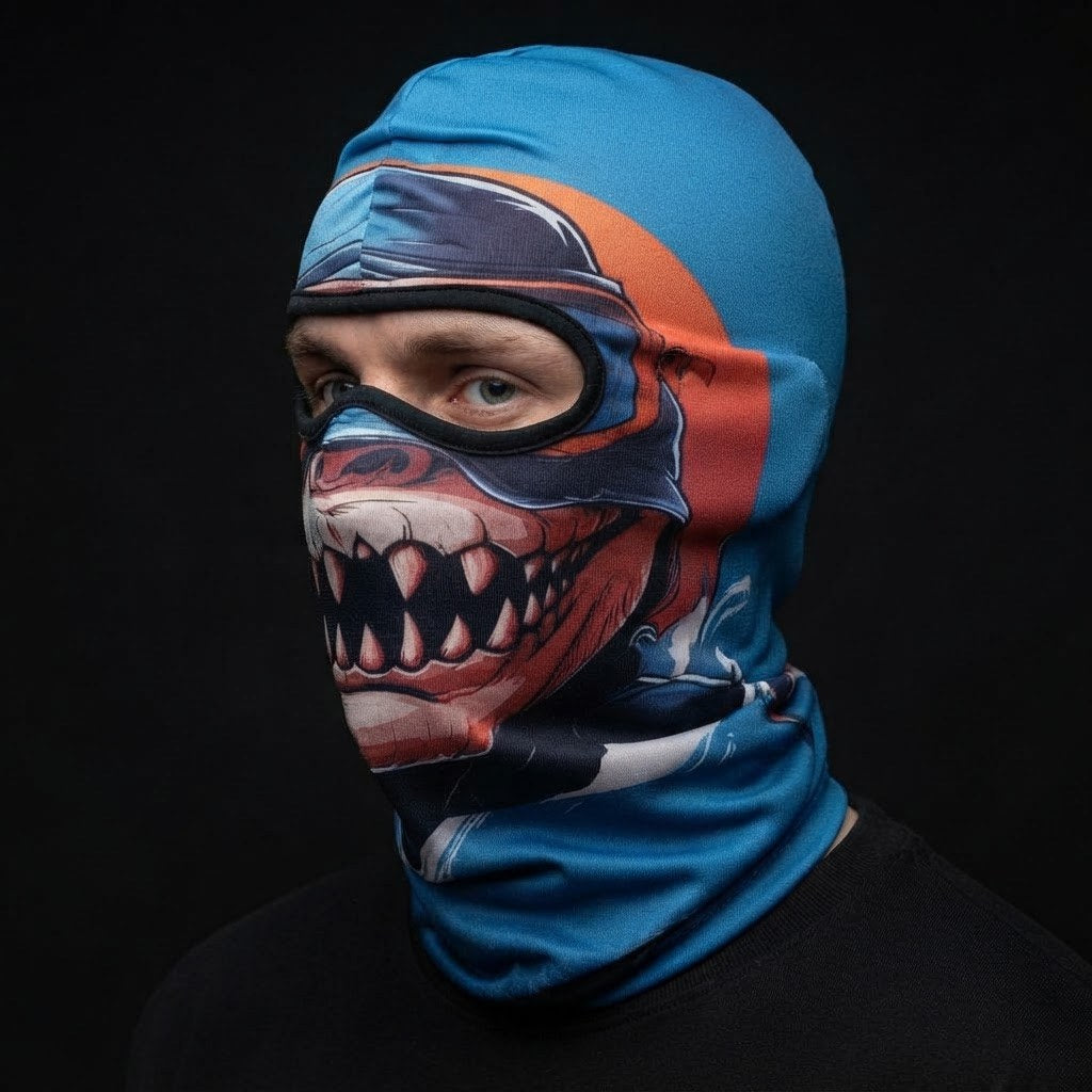 Shark Attack WC-29 3D printed balaclava worn by a model – side view