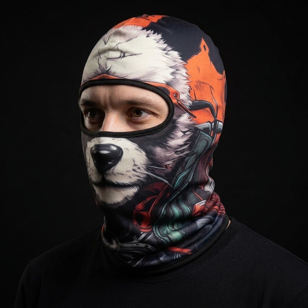 Beagle WC-31 3D printed balaclava worn by a model – side view