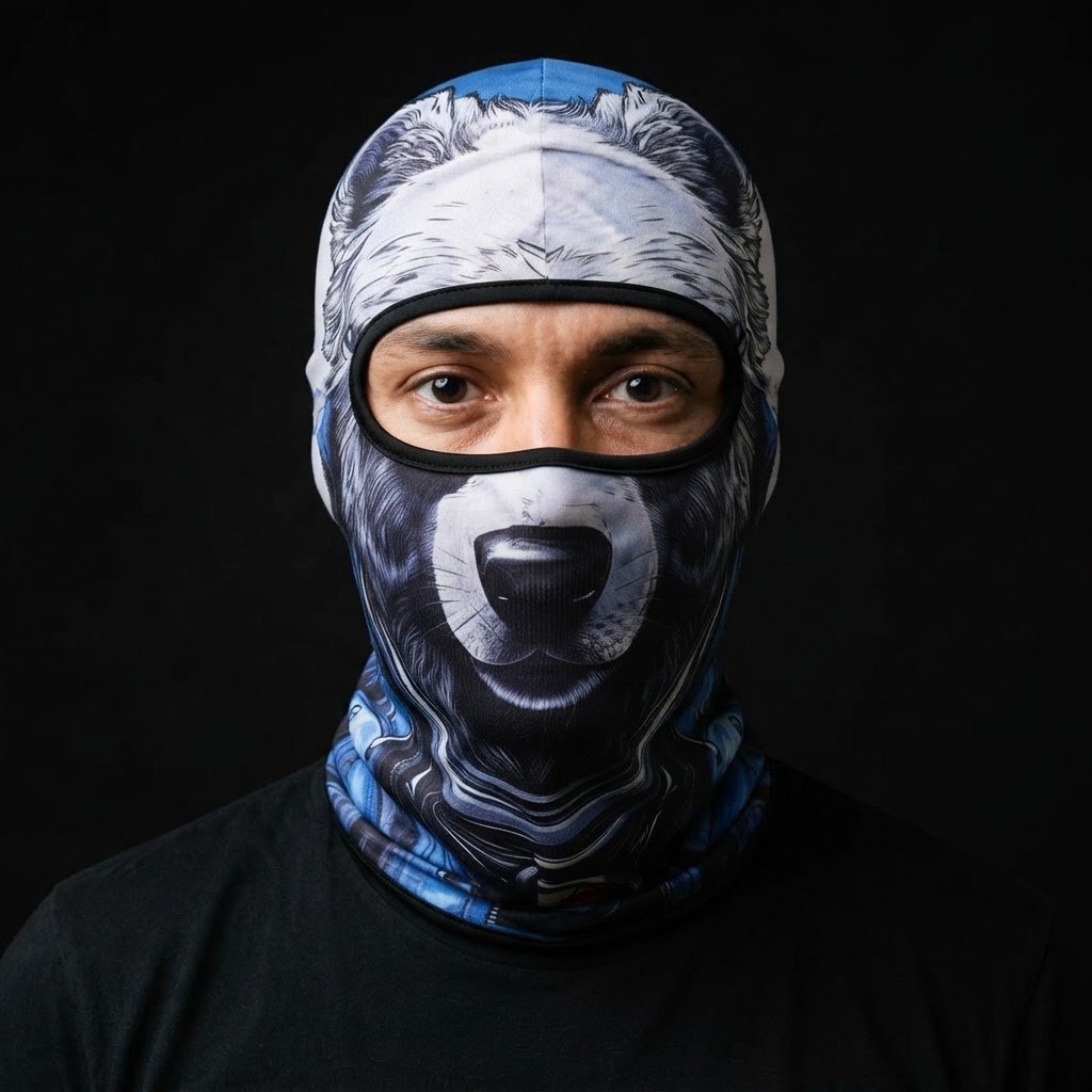 Arctic Wolf WC-01 3D printed balaclava worn by a model – front view