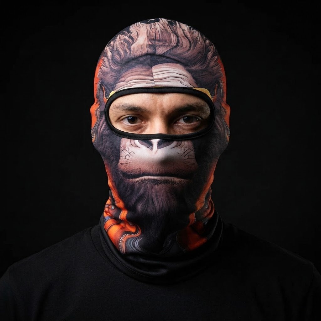 Orange Ape WC-02 3D printed balaclava worn by a model – front view