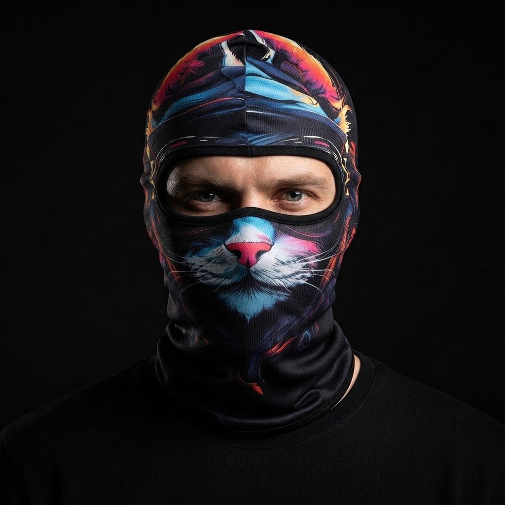 Blue Cat WC-04 3D printed balaclava worn by a model – front view