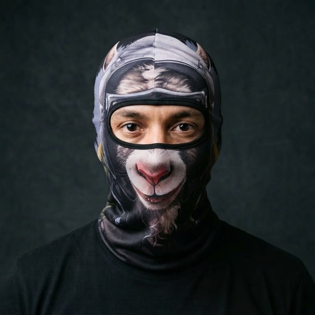 Snow Fox WC-07 3D printed balaclava worn by a model – front view