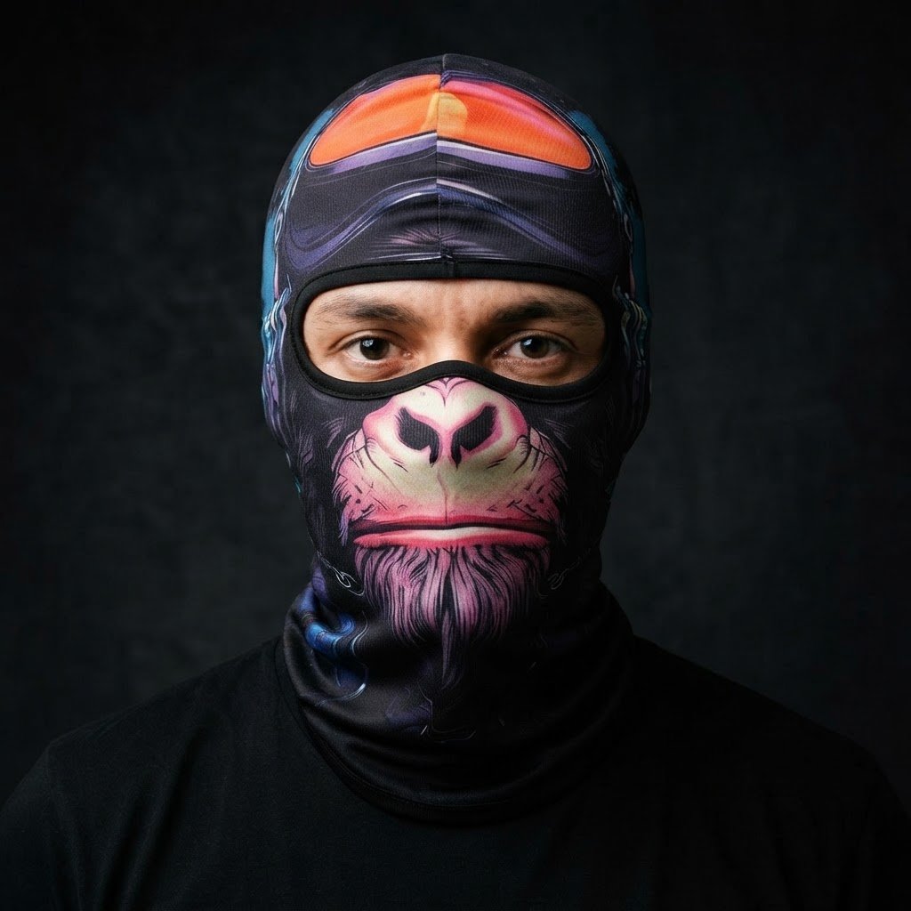 Pink Monkey WC-09 3D printed balaclava worn by a model – front view