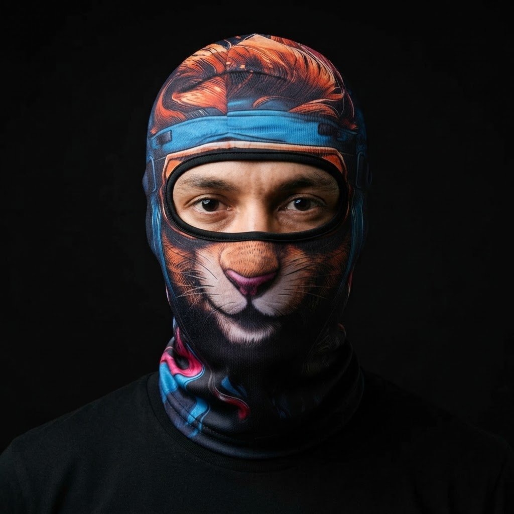 Tiger Cat WC-10 3D printed balaclava worn by a model – front view