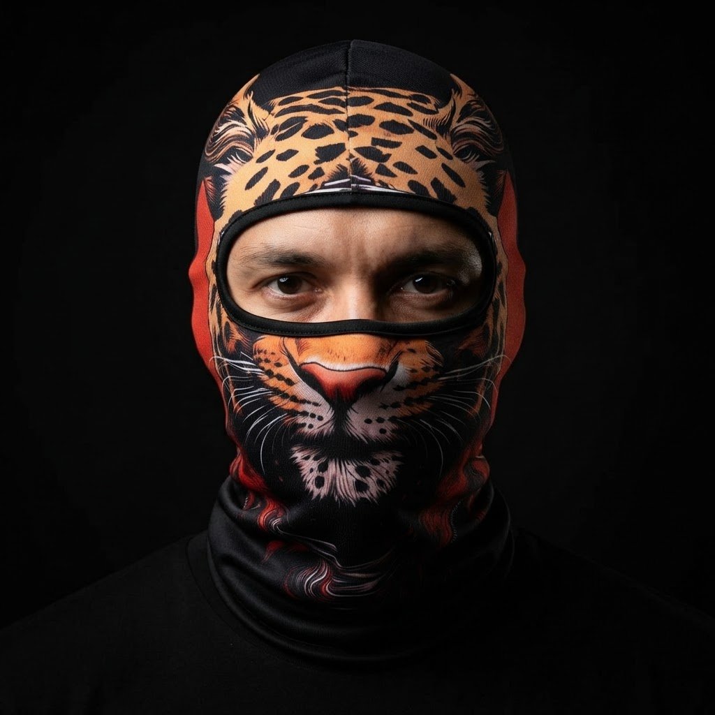 Leopard WC-12 3D printed balaclava worn by a model – front view