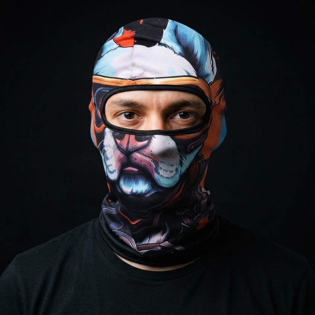 Blue Fox WC-17 3D printed balaclava worn by a model – front view