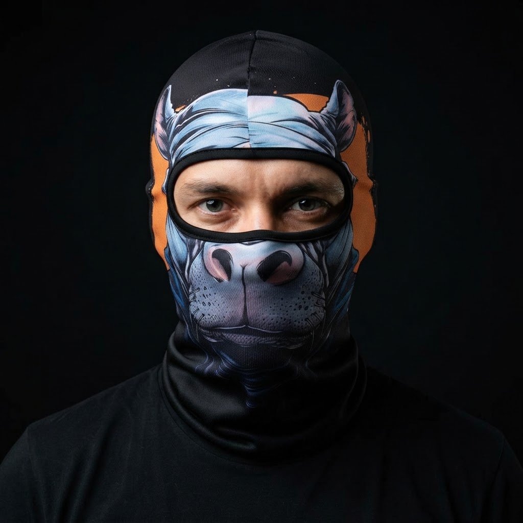 Grey Wolf WC-19 3D printed balaclava worn by a model – front view