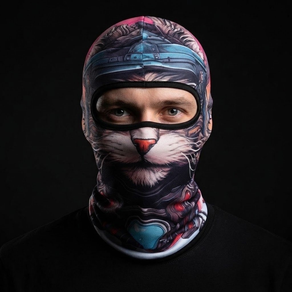 Grey Cat WC-20 3D printed balaclava worn by a model – front view