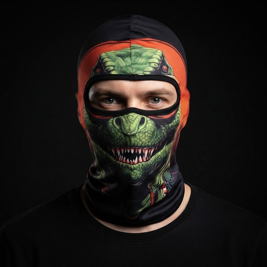 Green Dragon WC-21 3D printed balaclava worn by a model – front view