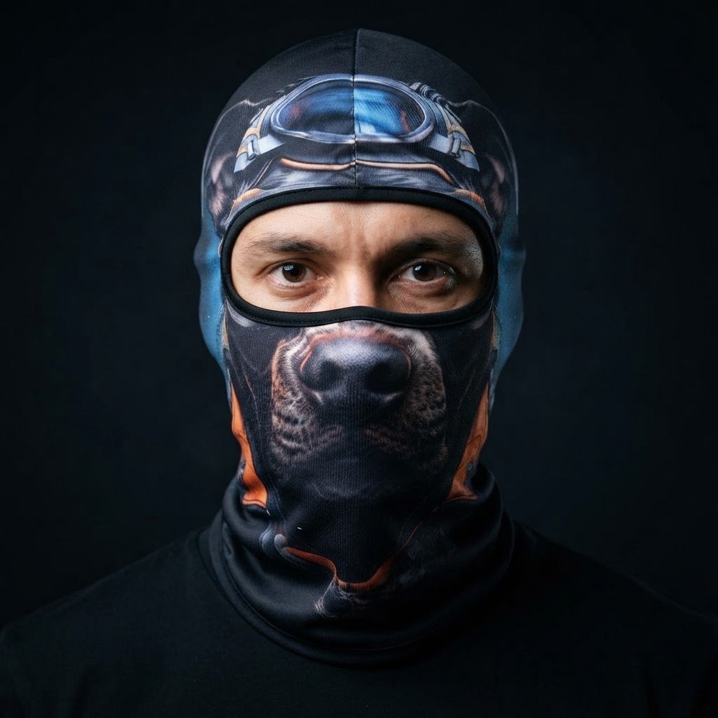 Husky WC-22 3D printed balaclava worn by a model – front view