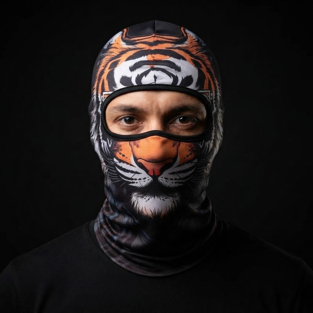 Saber Tiger WC-24 3D printed balaclava worn by a model – front view