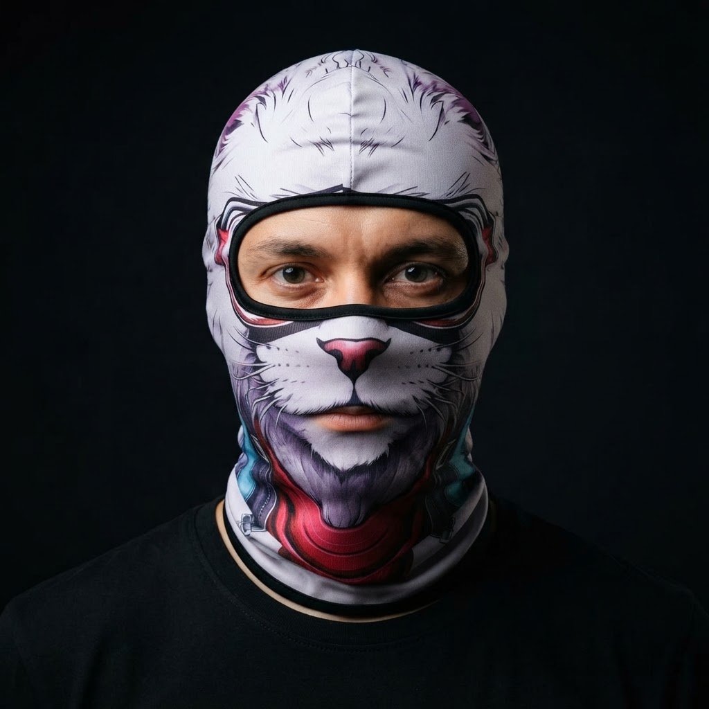 Snow Cat WC-25 3D printed balaclava worn by a model – front view