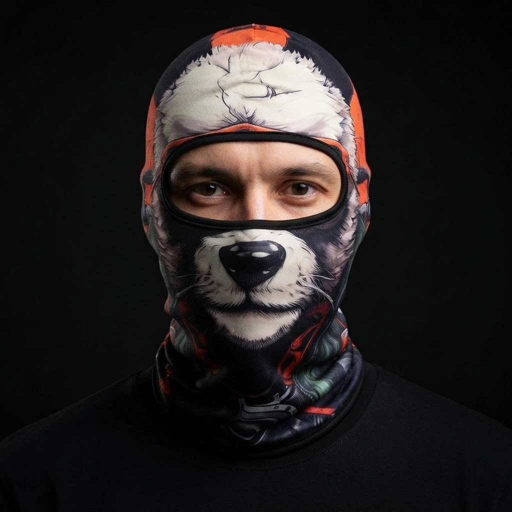Beagle WC-31 3D printed balaclava worn by a model – front view