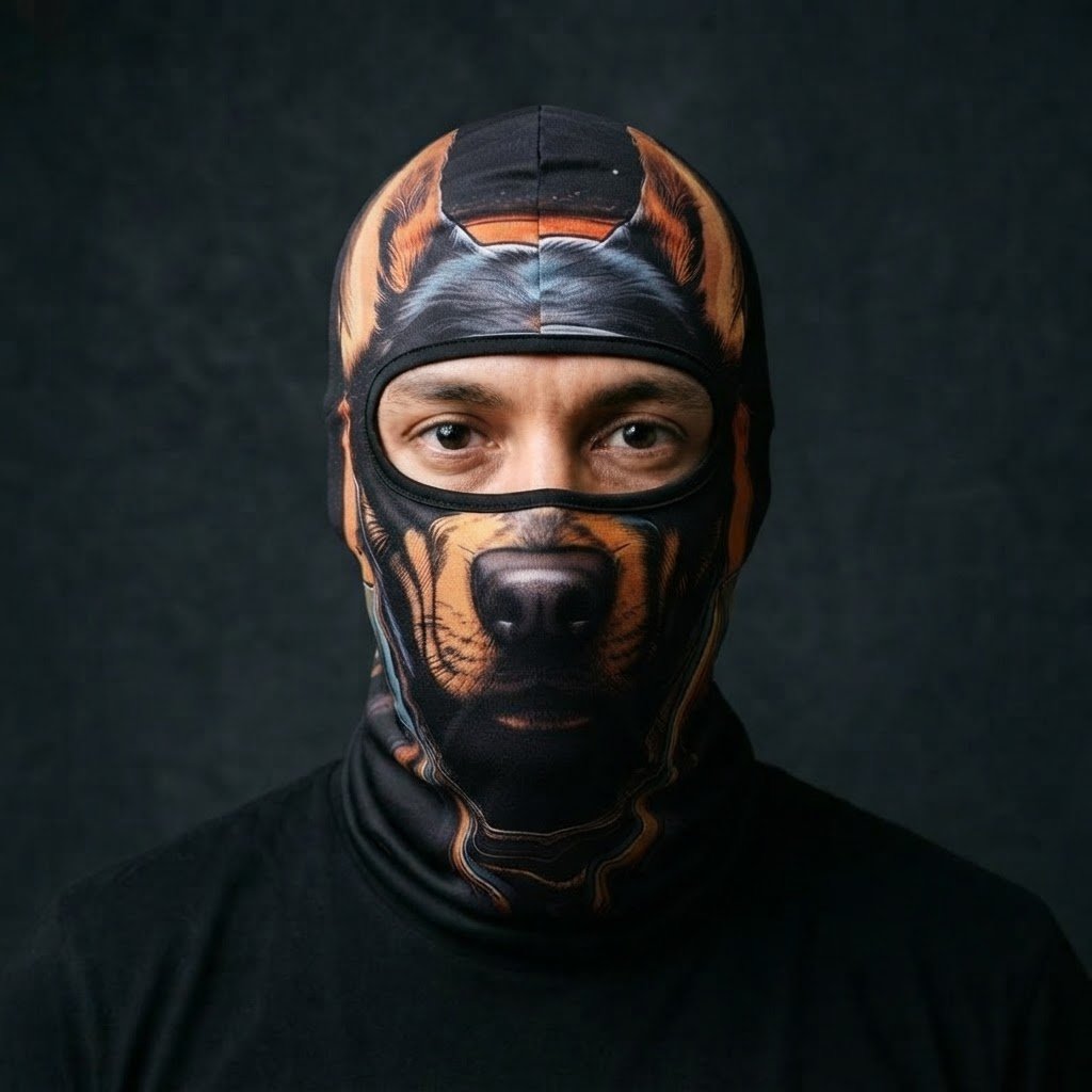 Fire Cat WC-34 3D printed balaclava worn by a model – front view
